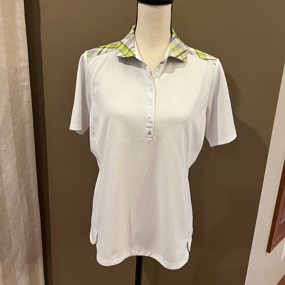 Women's IZOD Golf Polo, White, Green Plaid Trim, Button Front, Size Large